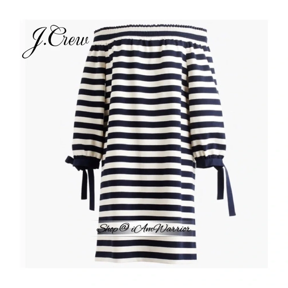 J.Crew off the shoulder navy & ivory striped tie sleeve dress *shop@iamwarrior